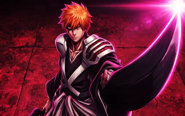 Ichigo Kurosaki from Bleach: Thousand-Year Blood War in a dramatic pose, glowing zanpakutō raised against a cracked red backdrop — 5K Ultra HD anime PC desktop wallpaper.