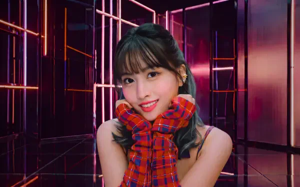 5K Ultra HD PC wallpaper: smiling Japanese model in red plaid gloves, K-pop–style neon geometric backdrop inspired by TWICE/MiSaMo aesthetics.