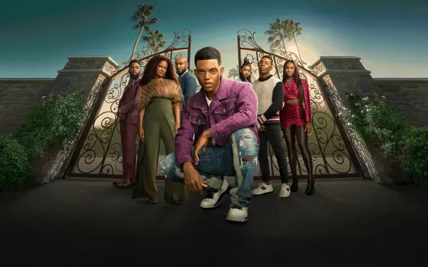 Bel-Air 4K Ultra HD PC desktop wallpaper/background: ensemble cast posed before ornate mansion gates at dusk, central figure crouching in a purple jacket with cinematic lighting.