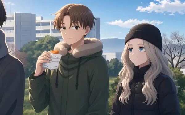 5K Ultra HD PC desktop wallpaper of Shuuji Taira and Shino Azuma from Seihantai na Kimi to Boku — Shuuji eating a bun, Shino in a beanie standing together in a park.