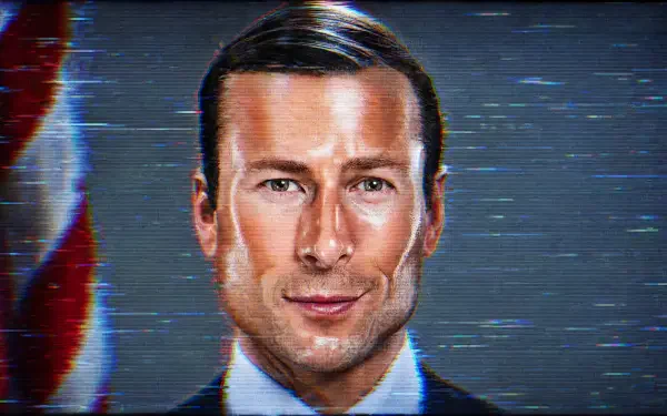 Stylized John Politics meme portrait of a polished man in a suit with an American-flag motif at left and VHS-style glitch lines — 4K Ultra HD PC desktop wallpaper.