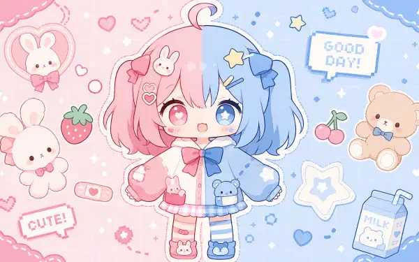Cutecore 4K Ultra HD PC desktop wallpaper and background showing a split pink-and-blue chibi girl surrounded by bunnies, teddy, strawberries, stars and hearts.