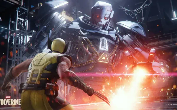2K Quad HD PC desktop wallpaper: video game art of Marvel's Wolverine (X-Men) lunging with claws at a towering Sentinel amid sparks and fire in an industrial hangar.