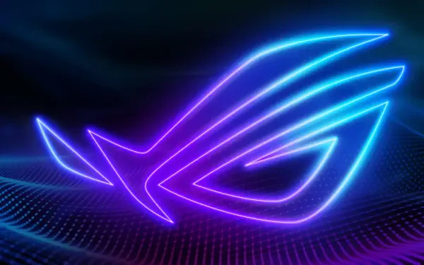 Neon Asus ROG logo in purple and blue above a glowing wave grid — 4K Ultra HD PC desktop wallpaper/background.