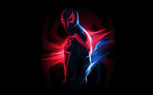 Digital art 4K Ultra HD PC desktop wallpaper of Spider-Man 2099: shadowed futuristic superhero with glowing red and blue energy trails swirling on a dark background.
