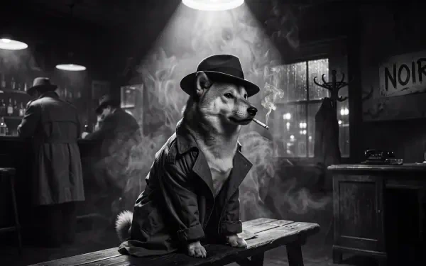 5K Ultra HD PC desktop wallpaper: noir black-and-white Shiba Inu in a fedora and trench coat, smoking at a dim bar.