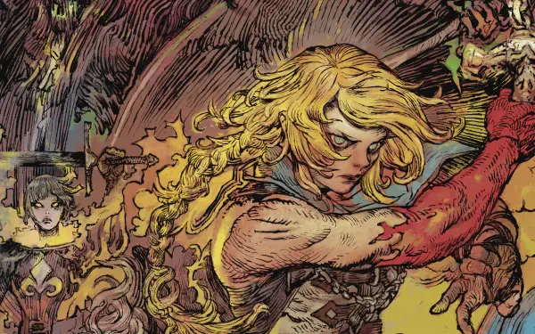 HD PC desktop wallpaper of a woman warrior from the video game Castlevania: Belmont's Curse — comic-style blond Belmont brandishing a whip amid gothic, swirling monsters and ornate shadows.