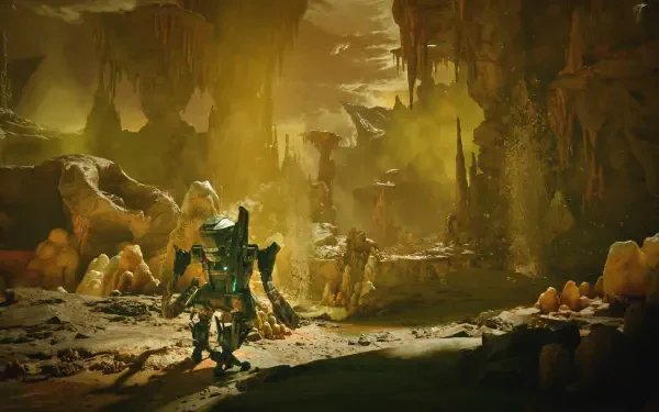 4K Ultra HD PC desktop wallpaper from the video game Exodus (2027): armored explorers and a mech traverse a glowing subterranean cave dotted with crystals and alien formations.
