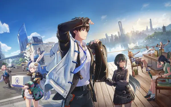 Anime video game 2K Quad HD PC wallpaper: Captain Ananta stands on a sunlit waterfront pier, gazing at a futuristic city skyline while crew members bustle nearby.