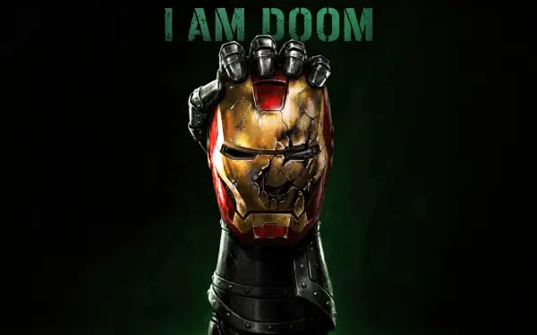 Doctor Doom's armored gauntlet clutches a cracked Iron Man helmet beneath the words I AM DOOM — Avengers: Doomsday, Marvel Comics 5K Ultra HD PC desktop wallpaper