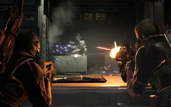 4K Ultra HD PC desktop wallpaper from video game Aliens: Fireteam Elite 2 — two armored soldiers shooting guns at an alien across a dim industrial corridor.