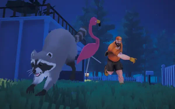 4K Ultra HD PC Desktop Wallpaper and Background from the video game Dumpster Gang: a raccoon sprints past a flamingo lawn ornament as a masked character pursues in a moonlit yard.