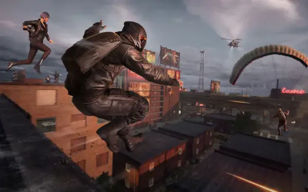 PlayerUnknown's Battlegrounds 2K Quad HD PC wallpaper: soldiers parachute into an urban rooftop drop zone beneath hovering helicopters.