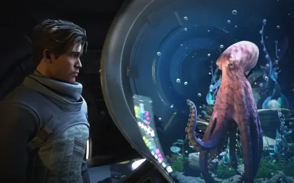 4K Ultra HD PC desktop wallpaper from Exodus (2027 Video Game): a suited human faces a tentacled alien octopus through a curved observation dome in a neon sci-fi lab.