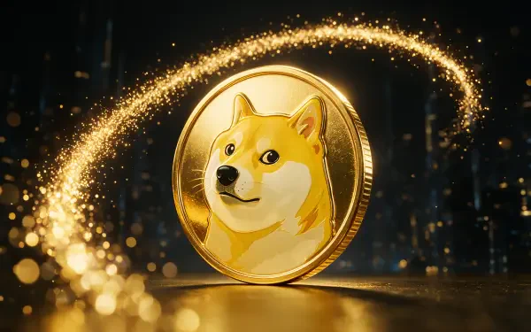 Gold Dogecoin featuring a Shiba Inu coin encircled by a swirling golden spark ring against a dark bokeh city backdrop — 4K Ultra HD PC desktop wallpaper