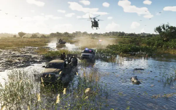 4K Ultra HD PC wallpaper of Grand Theft Auto VI: a police helicopter hovers over a flooded marsh as a police car and SUVs splash through water during a tense pursuit.