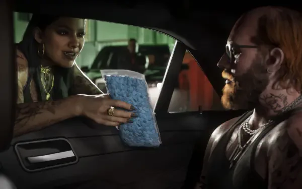 Gritty Grand Theft Auto VI video game 4K PC desktop wallpaper: woman slides a blue pouch through a car window to a tattooed man amid a cinematic night street scene.