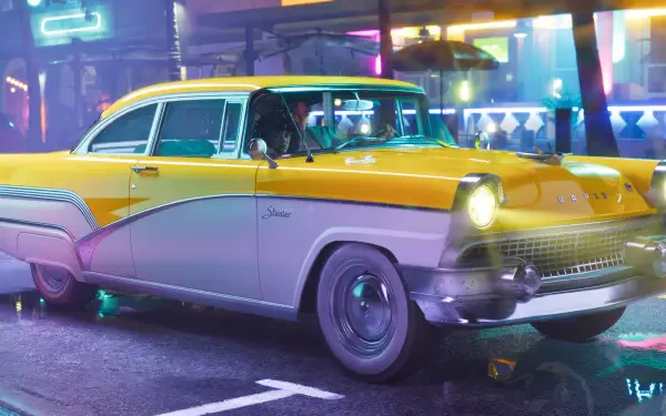 4K Ultra HD PC wallpaper: Grand Theft Auto VI scene with a neon-soaked street and a yellow-and-pink vintage car from the Grand Theft Auto video game.