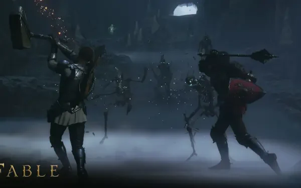 HD PC desktop wallpaper for the video game Fable (2027): two warriors clash with skeletal foes in a misty underground chamber, Fable logo at lower left.