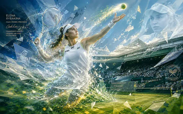 4K Ultra HD PC desktop wallpaper of a female pro tennis player serving in a packed stadium, shattered-glass motion effects and dramatic lighting, sports action background.