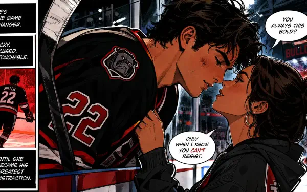 Comic-style 4K PC wallpaper: hockey romance — a #22 player leans through rink glass to kiss a woman, their faces close under glowing arena lights.