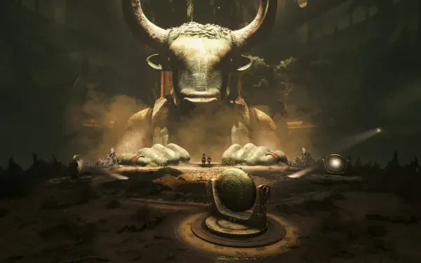 HD PC desktop wallpaper showing a colossal bull-headed monster statue from the video game Resonance: A Plague Tale Legacy looming over a ruined chamber and altar.