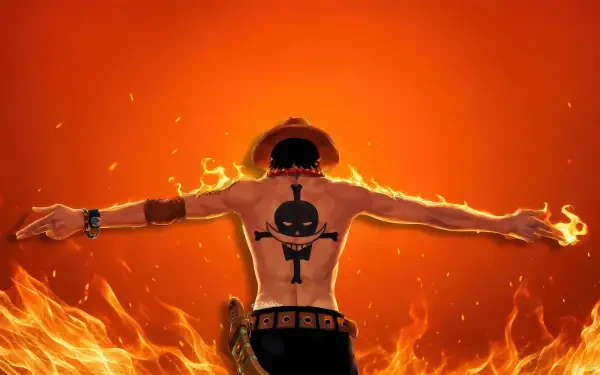 Portgas D. Ace from One Piece, seen from behind with arms spread as flames swirl around him — 4K Ultra HD anime PC desktop wallpaper and background.