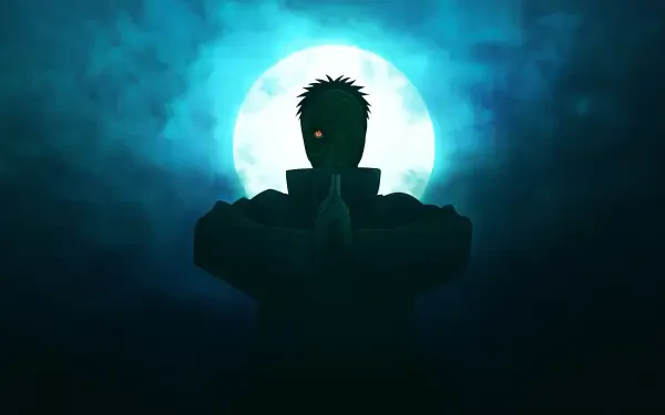 Obito Uchiha anime 5K Ultra HD PC desktop wallpaper/background: silhouetted figure with one red eye and hand seal before a glowing full moon and teal mist.