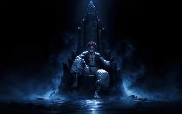 Akaza from Demon Slayer sits on a dark throne surrounded by blue mist — dramatic anime 5K Ultra HD PC desktop wallpaper/background.