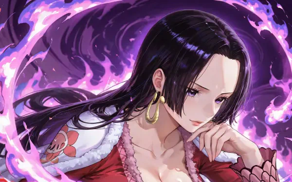 Boa Hancock from One Piece in manga/anime style — contemplative pose, flowing dark hair, red outfit and gold earrings, purple flame aura. 4K Ultra HD PC desktop wallpaper/background.