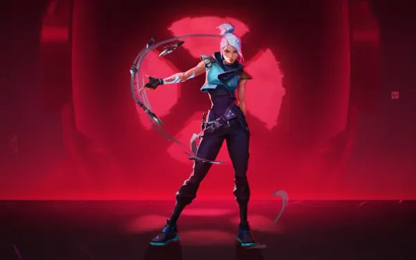 Jett (Valorant) poised with her blade and wind trails against a glowing red emblem — HD PC desktop wallpaper and background.