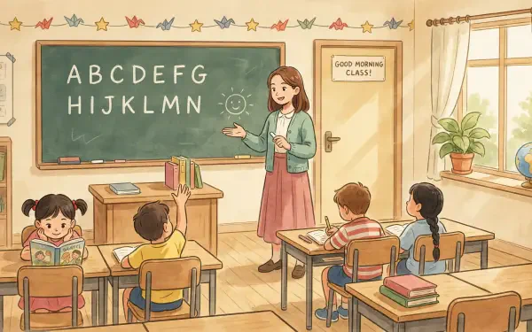 Cute school classroom scene: teacher at the blackboard teaching ABCs while students sit at desks amid warm light and plants — 2K Quad HD PC desktop wallpaper/background.