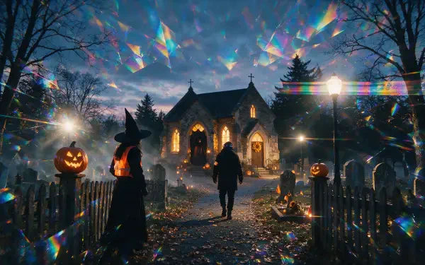 2K Quad HD PC desktop wallpaper: Halloween aesthetic — a silhouetted figure walks toward a lit house flanked by carved pumpkins, a witch silhouette, and a prismatic, eerie night sky.