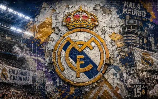 Grunge Real Madrid C.F. crest over stadium, fans and Hala Madrid banners — 4K Ultra HD PC desktop wallpaper and background highlighting soccer and sports.