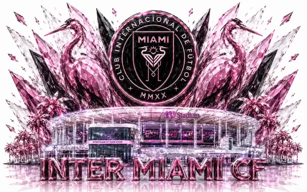 Inter Miami CF crest and flamingo wings rise over the club stadium with INTER MIAMI CF text — MLS soccer 4K Ultra HD PC wallpaper and background.