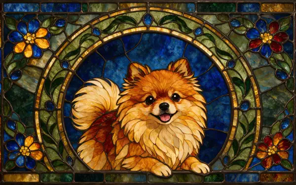 Stained-glass style Pomeranian dog portrait with floral border on a deep blue field — 4K Ultra HD PC desktop wallpaper and background.