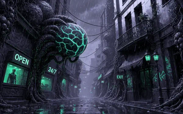 4K Ultra HD PC desktop wallpaper/background: rain‑slick alley overtaken by bioluminescent alien tentacle monsters, neon OPEN/EXIT signs — commercial exploitation artwork.