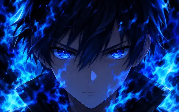 Manga-style close-up of Kirito (Sword Art Online) with piercing glowing blue eyes and electric-blue flames surrounding him — 4K Ultra HD PC desktop wallpaper/background.