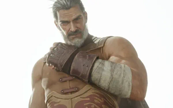 4K Ultra HD PC desktop wallpaper of a gray‑haired, bearded warrior in leather armor, cinematic portrait from Final Fantasy · Final Fantasy VII · FF7 Rebirth (Final Fantasy VII Rebirth)