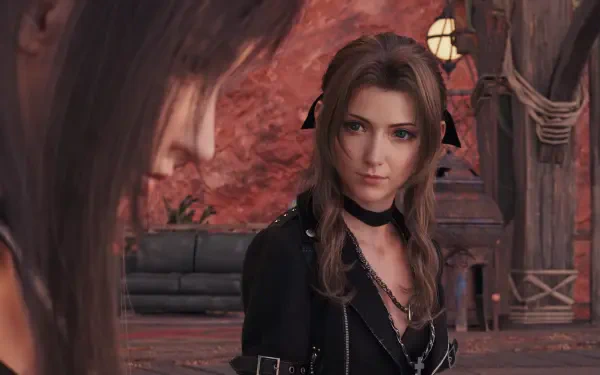 Close-up of Aerith from Final Fantasy VII Rebirth in a warm, dim interior, rendered as a 4K Ultra HD PC desktop wallpaper and background.