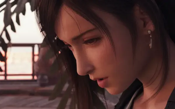 Close-up portrait of a contemplative character from Final Fantasy VII Rebirth, rendered as a 4K Ultra HD PC desktop wallpaper with warm sunset lighting.