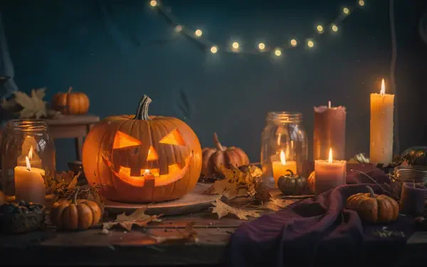 4K Ultra HD PC desktop wallpaper: glowing jack-o'-lantern pumpkin on a table with candles, mason jars, small pumpkins and autumn leaves, evoking a cozy Halloween aesthetic.