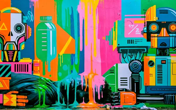 Colorful sci‑fi graffiti 2K Quad HD PC desktop wallpaper showing vibrant robots, dripping paint and urban tech motifs that blend machine forms with hints of humanity.
