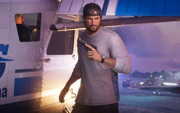4K Ultra HD PC wallpaper: Jason from the Grand Theft Auto VI video game in Vice City, holding a pistol beside a small plane on a neon-lit runway at dusk.