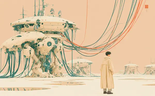 Science Fiction Sci‑Fi futuristic alien landscape: lone figure in a coat surveys massive cable-tethered biomech structures — 2K Quad HD PC desktop wallpaper background.