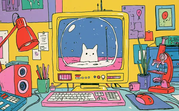 Whimsical 2K Quad HD PC desktop wallpaper: a white cat peeks from a retro computer monitor amid colorful desk gear — keyboard, lamp, speakers, mouse, and a microscope.
