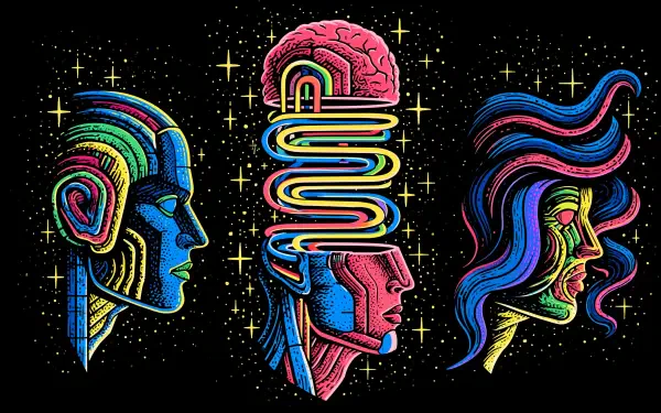 Artistic 2K Quad HD PC desktop wallpaper/background of three neon human heads: left robotic, center split with exposed brain and looping neon circuits, right flowing-haired on a starry black field.