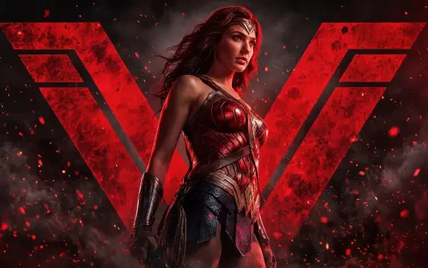 4K Ultra HD digital art PC wallpaper of Wonder Woman, superhero in armored costume: bold stance before a glowing red emblem, windblown hair and embers swirling amid a dark, smoky backdrop.