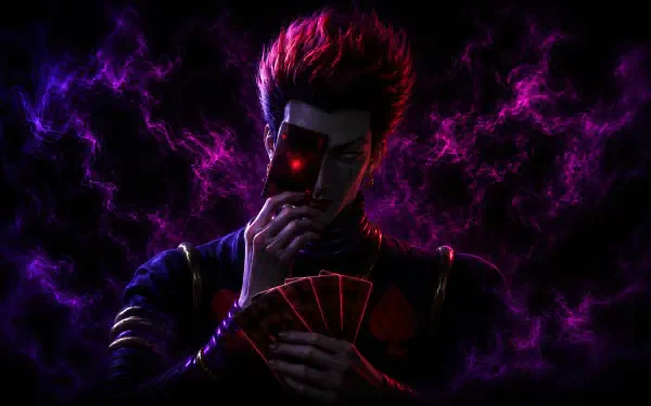 Hisoka (Hunter × Hunter) in a 4K Ultra HD PC desktop wallpaper: shadowed figure with a red glowing eye, hiding his face behind playing cards amid crackling purple energy.