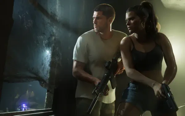 Grand Theft Auto VI 4K Ultra HD PC wallpaper: Lucia Caminos and Jason Duval armed and alert in a shadowy urban interior from the video game.